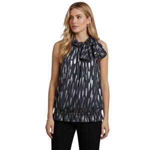 ST JOHN SoCa Silk Silver Metallic Ruffle Tie Bow Top Blouse Party Print TunicXL